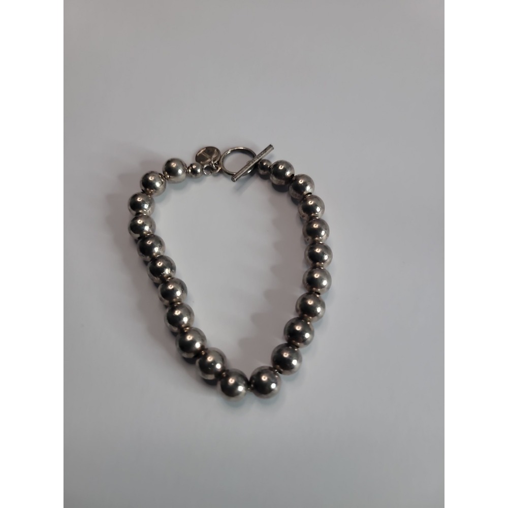 925 Sterling Silver Beaded Bracelet with Toggle Clasp and Round Charm